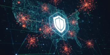 Futuristic digital shield protecting US organizations from 2026 cybersecurity threats.