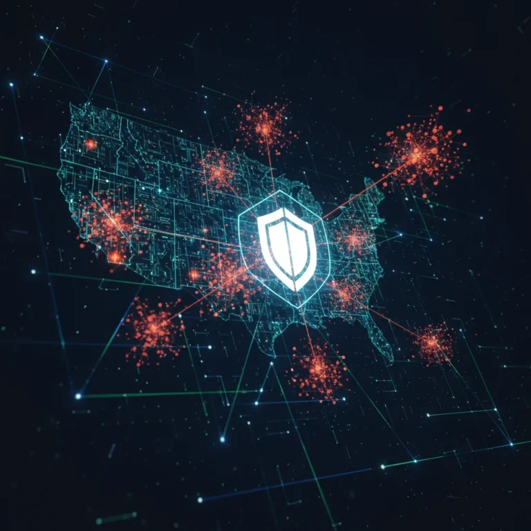 Futuristic digital shield protecting US organizations from 2026 cybersecurity threats.