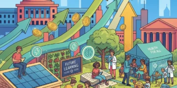 Diverse community members working together on social impact projects, with federal funding symbols.