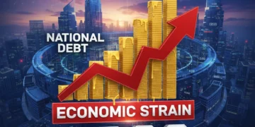 Illustration of 2026 national debt with rising charts and economic indicators