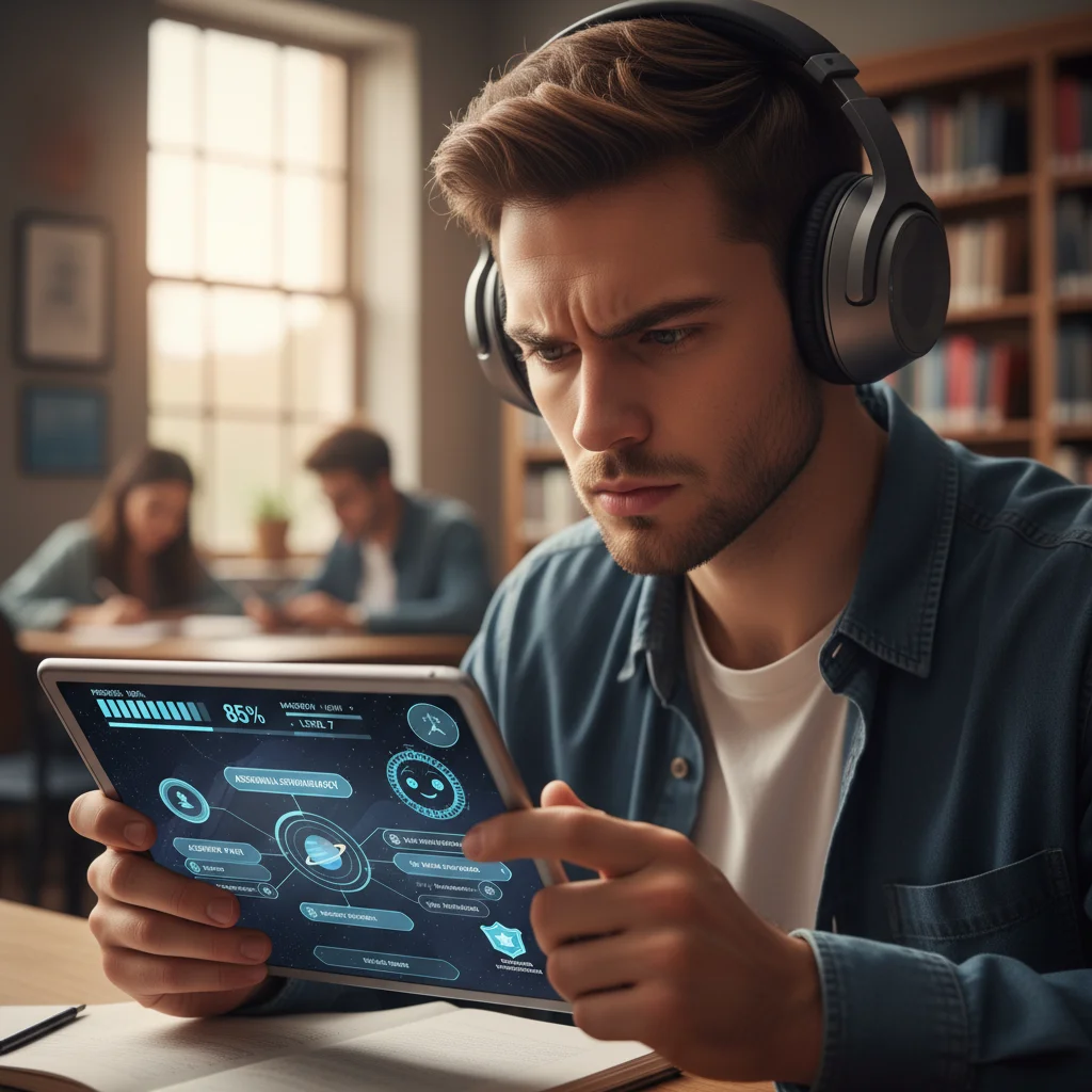 Student using an AI-driven adaptive learning platform on a tablet.