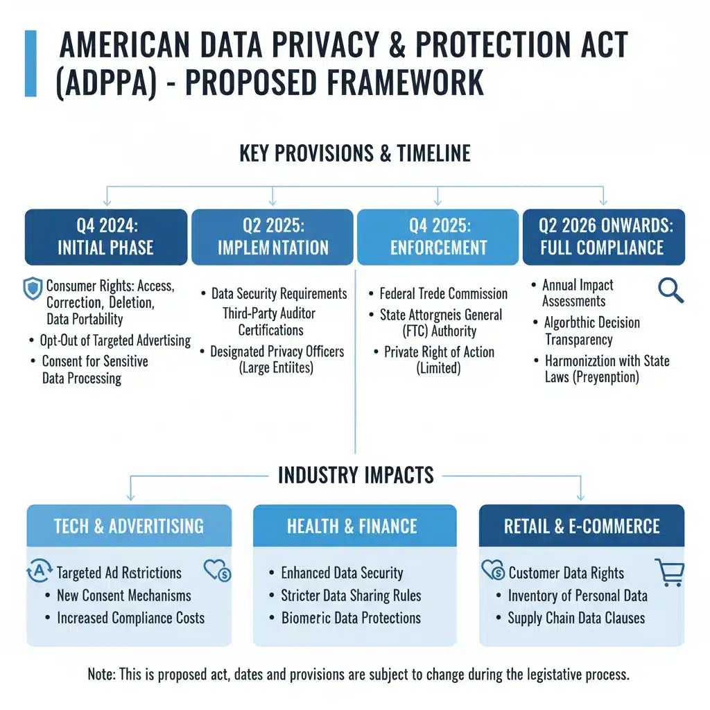 Infographic detailing key provisions and timeline of the American Data Privacy and Protection Act (ADPPA).