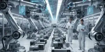 Advanced industrial robots automating tasks in a modern US factory by 2030
