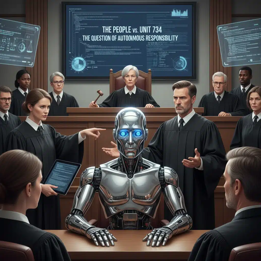Robotic figure in a courtroom, symbolizing AI accountability and legal challenges.