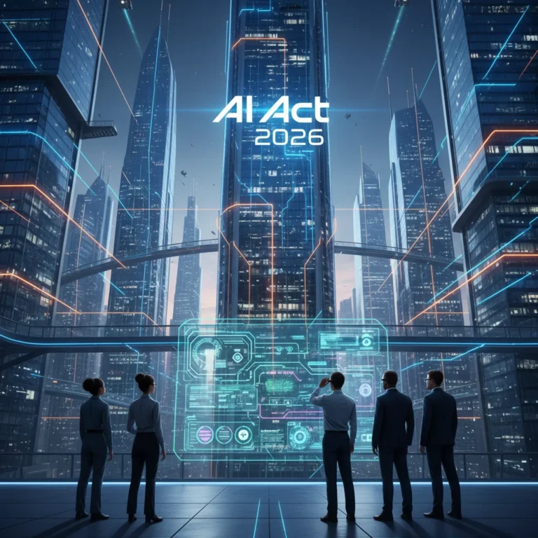 Futuristic cityscape with data flows and 'AI Act 2026' logo, representing AI regulation and tech compliance.