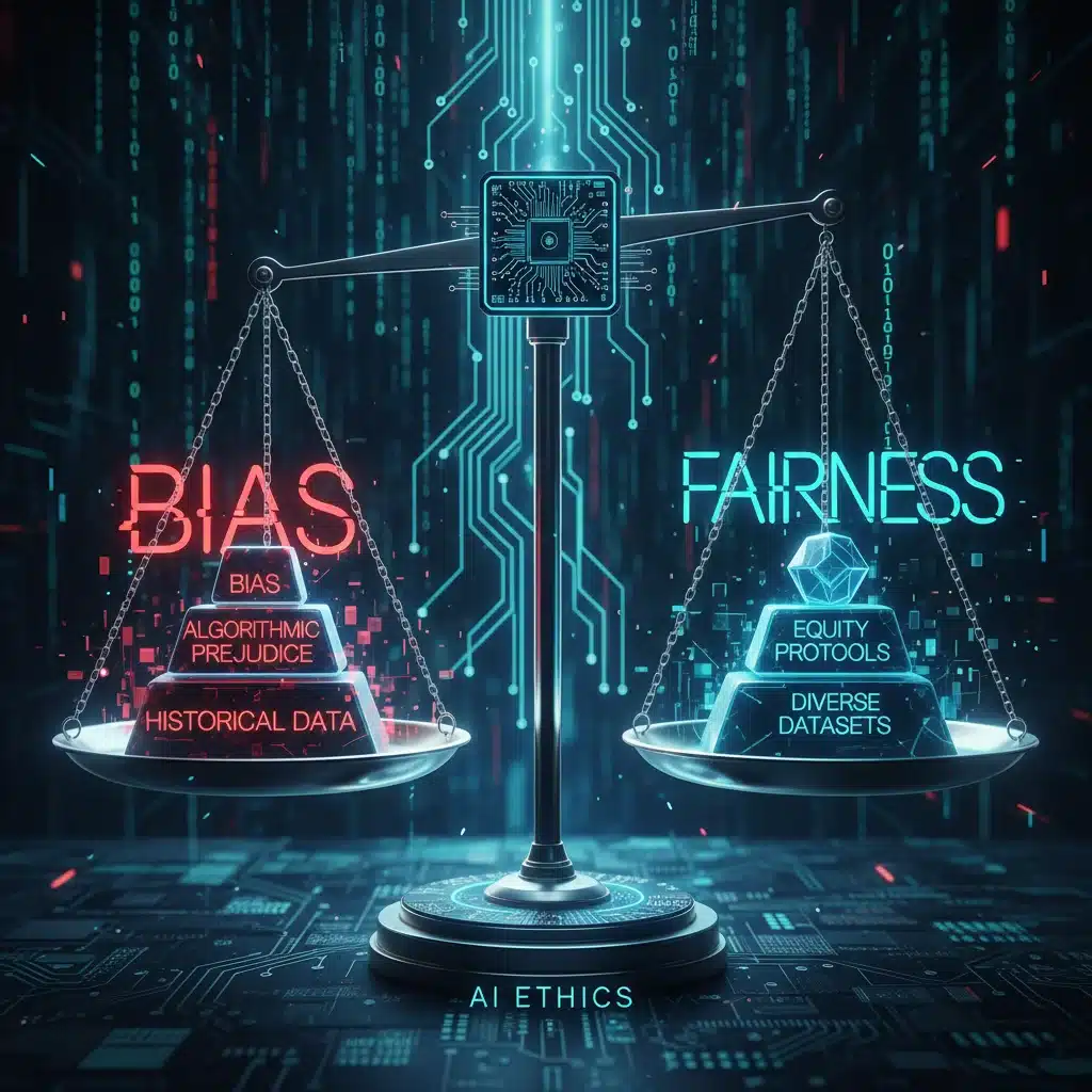 Digital scale balancing AI bias and fairness with data streams