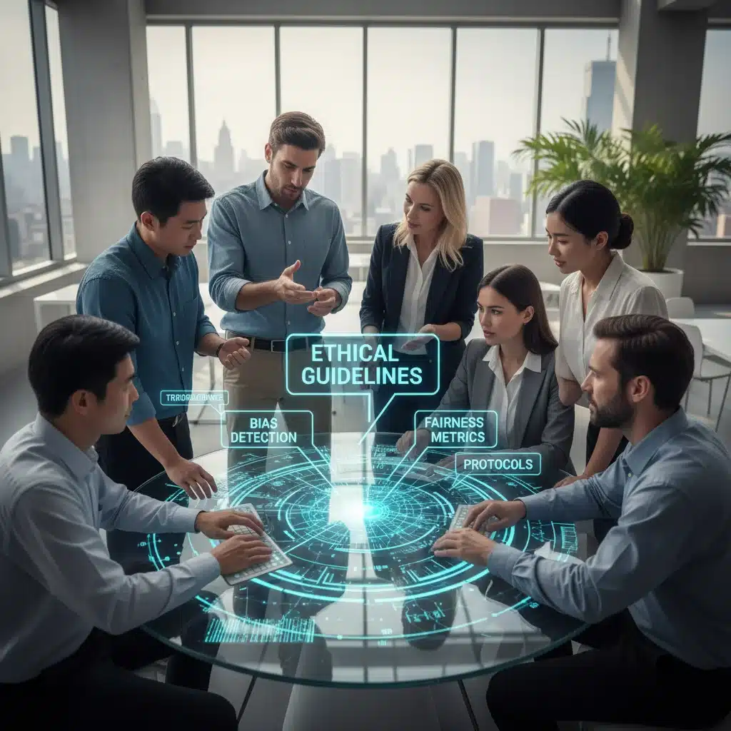 Diverse team collaborating on ethical AI development and data transparency