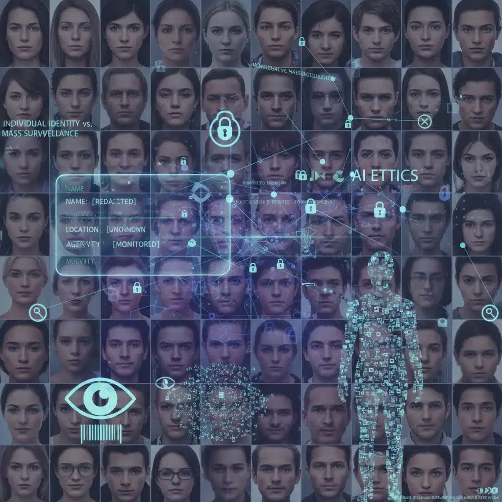 Diverse faces with data points and privacy icons, representing AI data privacy concerns.