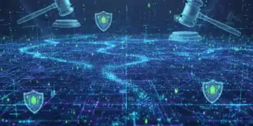 Futuristic AI data network with legal symbols, illustrating data privacy regulations.