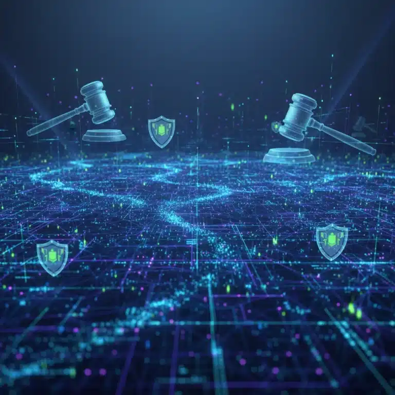 Futuristic AI data network with legal symbols, illustrating data privacy regulations.