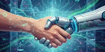 AI Ethics Debates: Shaping US Policy in 2026 Human and robot hands shaking over a digital landscape, symbolizing AI ethics and policy.