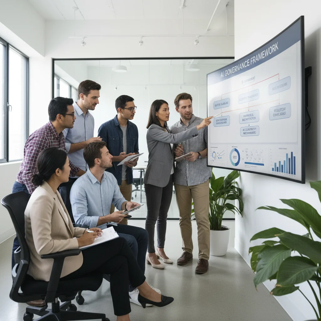 Diverse team collaborating on AI governance framework, discussing policies and ethics.