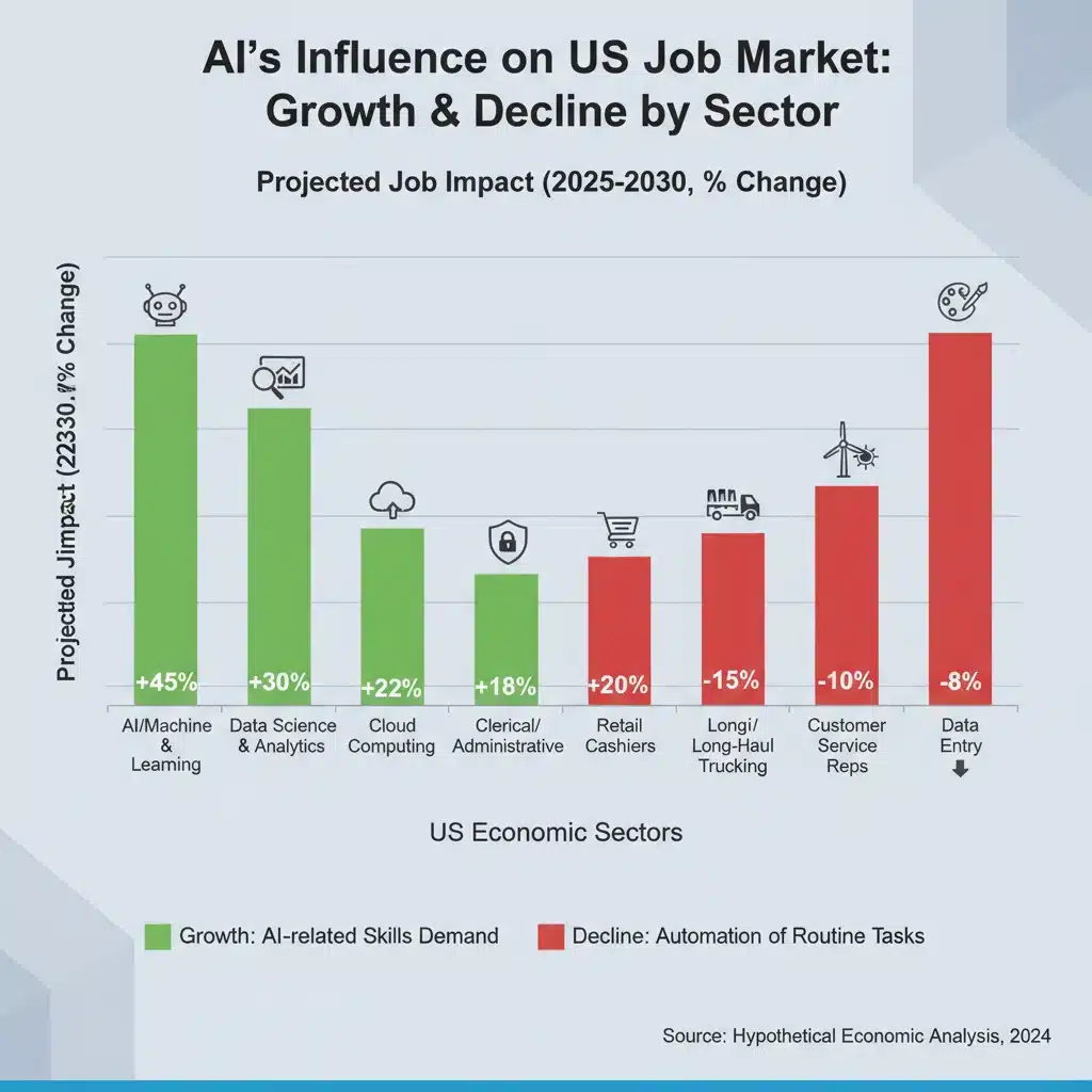 Infographic illustrating job market shifts and skill demand changes driven by AI in the US.