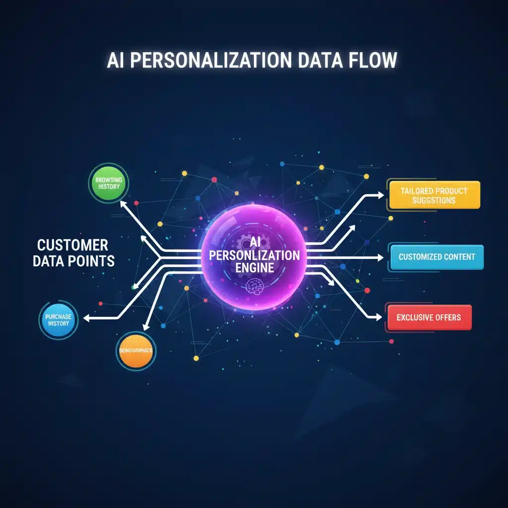 Data flow for AI personalization showing customer data inputs and personalized outputs.