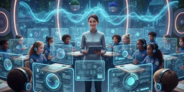 Students engaging with AI-powered personalized learning systems in a modern classroom setting.