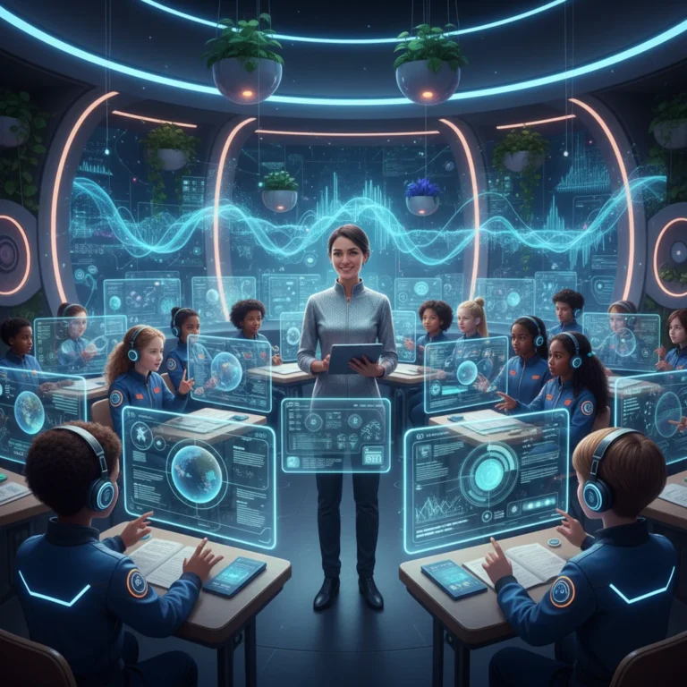 Students engaging with AI-powered personalized learning systems in a modern classroom setting.