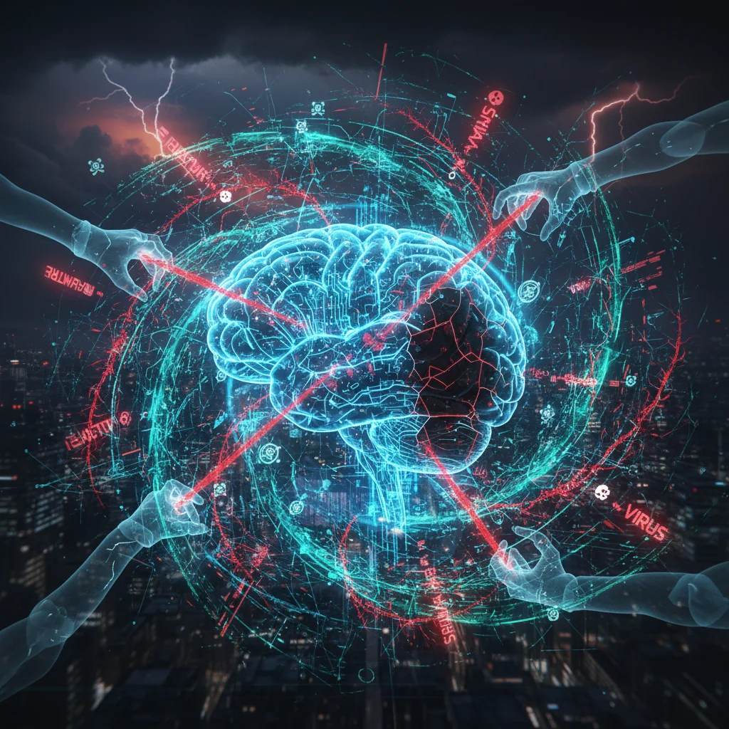 Artificial intelligence brain processing malicious code, representing AI cyberattacks.