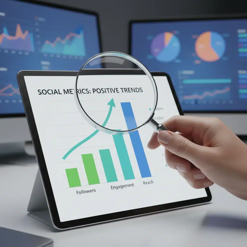 Magnifying glass examining a positive trend in social program outcome data
