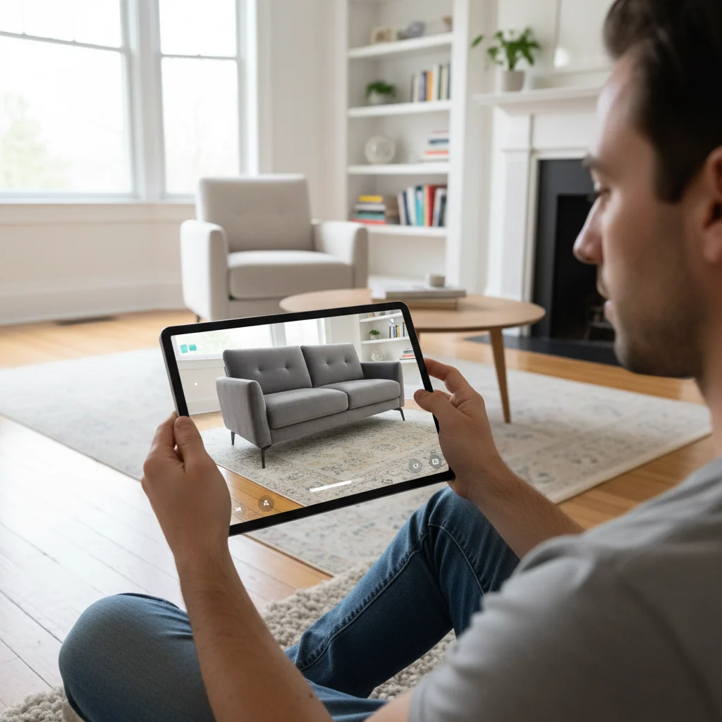 Person using augmented reality tablet app to visualize virtual furniture in their home living room.