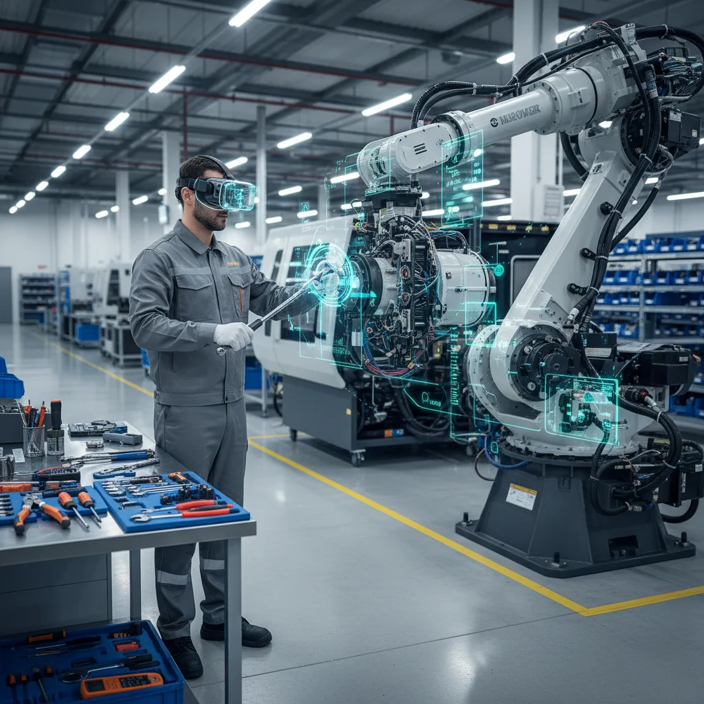 Factory worker using augmented reality for real-time assembly instructions and maintenance guidance.