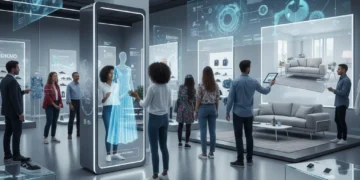 Augmented Reality in Retail: 5 US Shopping Experiences for 2026 Shoppers engaging with augmented reality in a futuristic retail store, trying on virtual clothes and visualizing products.