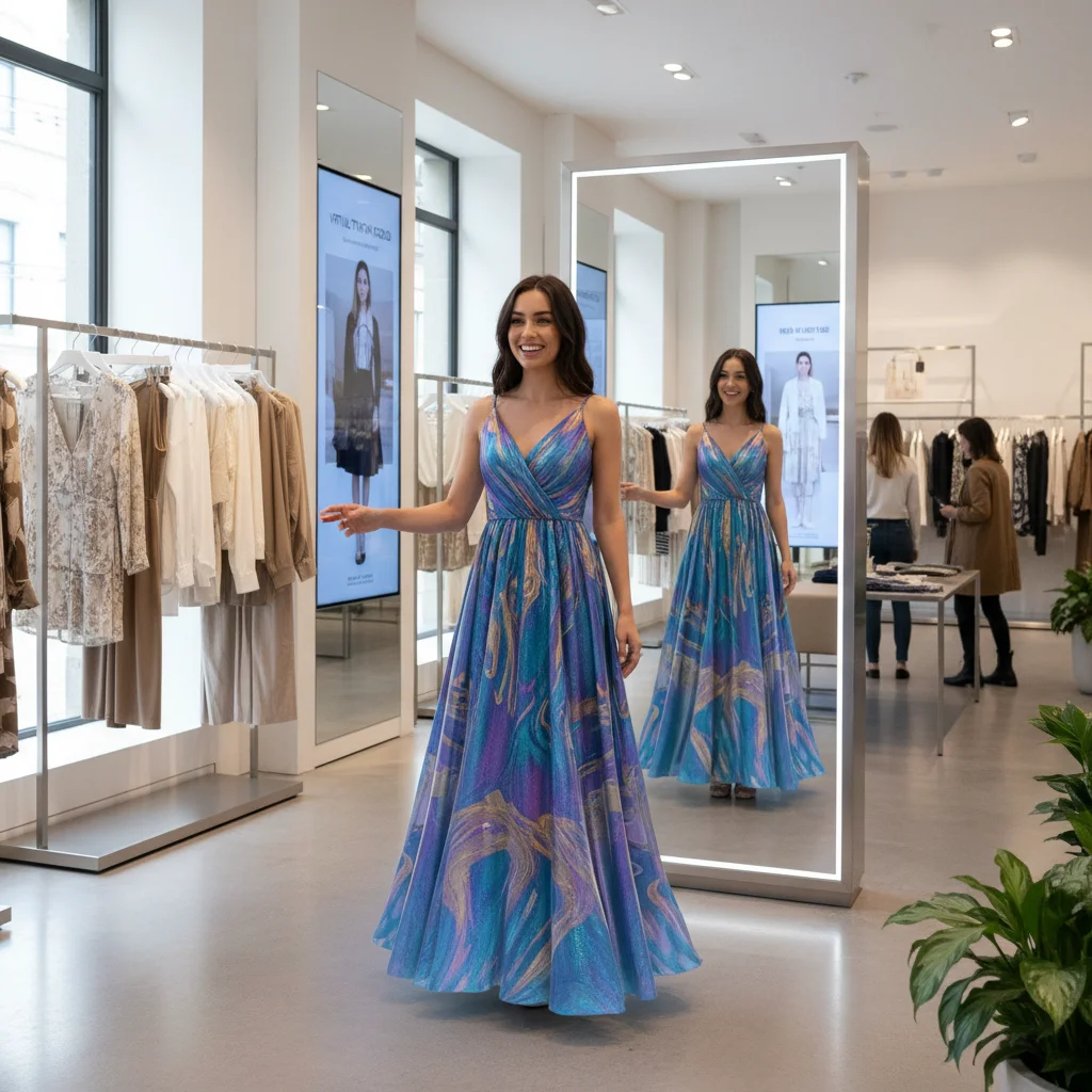 Customer trying on virtual clothing with an augmented reality mirror in a modern retail store.