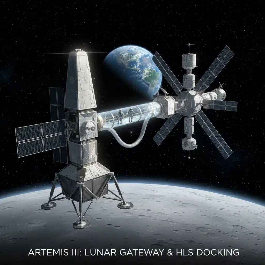 Artemis III Human Landing System docked with Lunar Gateway.