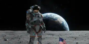 US Space Exploration 2026: Initiatives, Funding & Future Missions Astronaut on Moon with Earth in distance, representing US space exploration future.