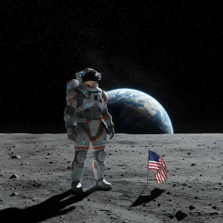 Astronaut on Moon with Earth in distance, representing US space exploration future.