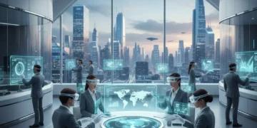 Augmented Reality Enterprise: 10% Revenue Growth by 2028 Business professionals using augmented reality headsets to collaborate on holographic data in a modern office.