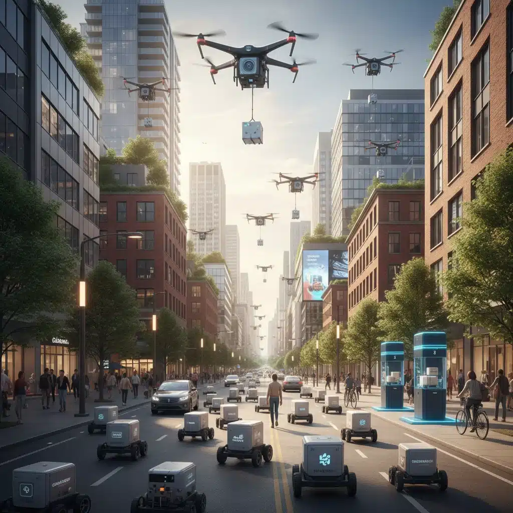 Autonomous delivery robots and drones efficiently transporting goods in a smart urban landscape, showcasing future logistics.