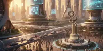Futuristic cityscape with autonomous vehicles and robots, representing ethical AI integration.