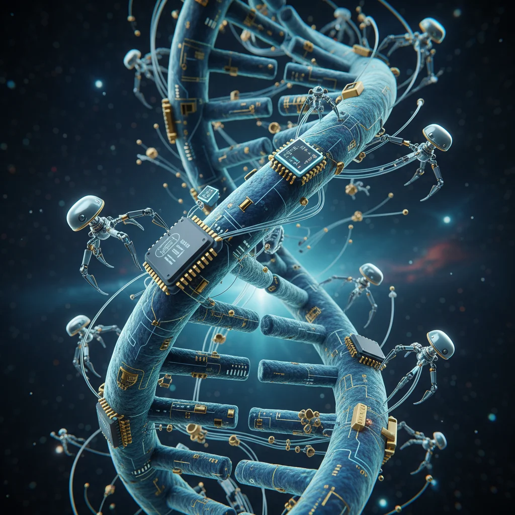 DNA strands and micro-tech components symbolizing advanced biotechnology and its economic impact.
