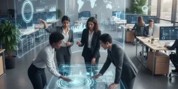 Diverse team collaborating with AI interfaces in a modern office, representing the blended workforce.