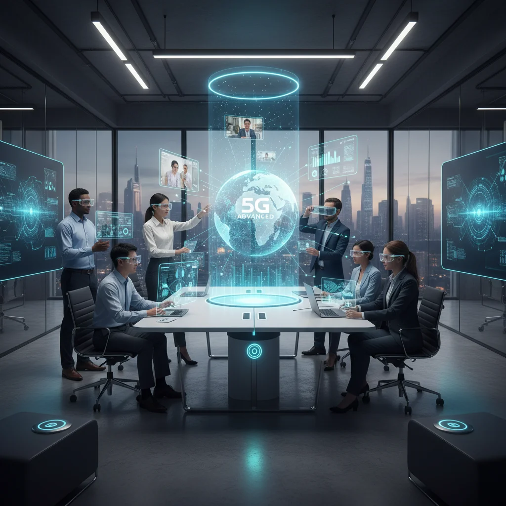Professionals collaborating using AR and holographic displays, powered by 5G Advanced business connectivity.