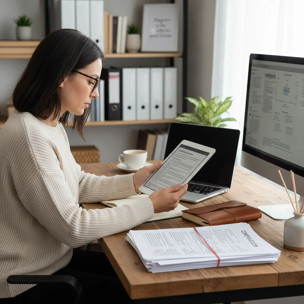 Small business owner diligently reviewing compliance documents for 2026 regulations.
