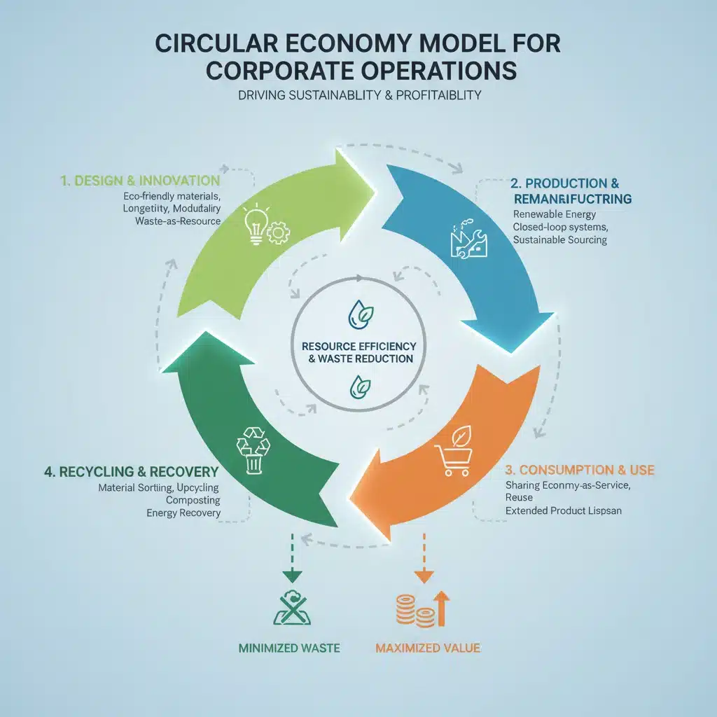Circular economy model demonstrating sustainable resource management and waste reduction in businesses.
