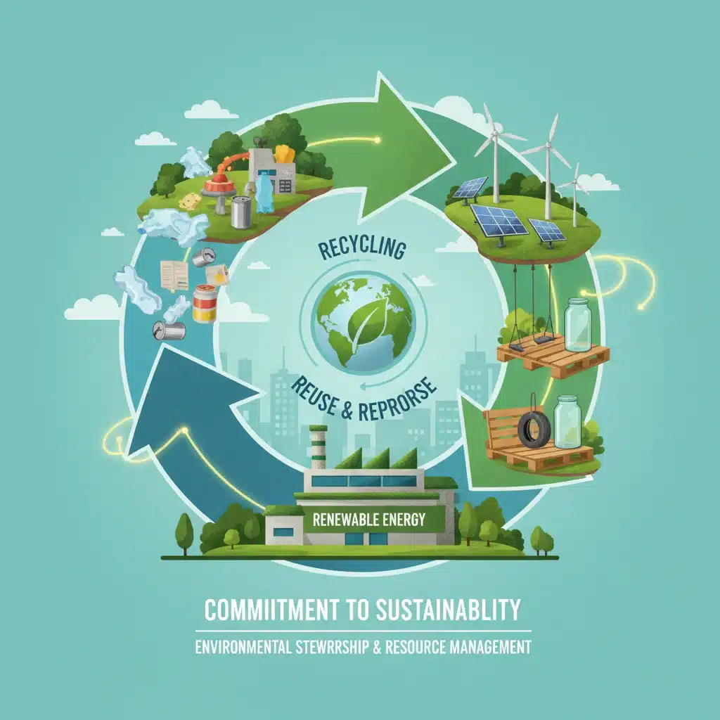 Circular economy model with recycling and renewable energy, symbolizing environmental CSR.