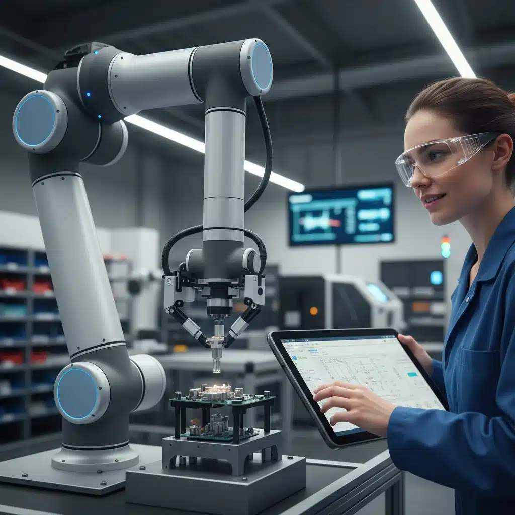 Collaborative robot working alongside a human in a manufacturing plant