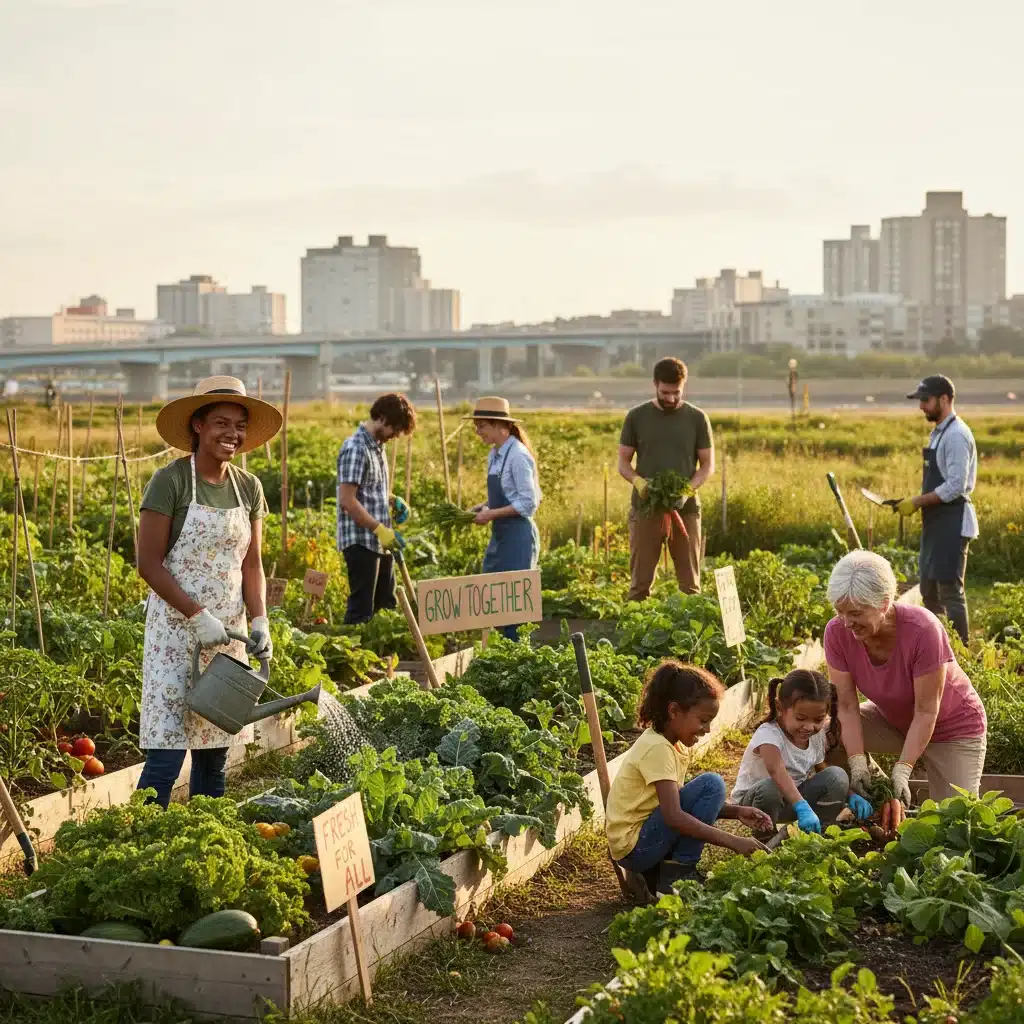 Community garden with diverse people harvesting produce