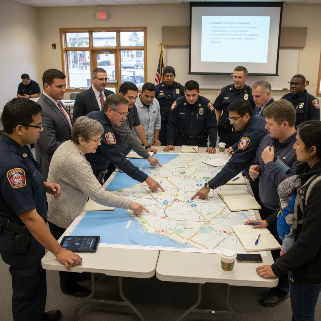 Stakeholders collaborating in a community meeting for resilience planning.