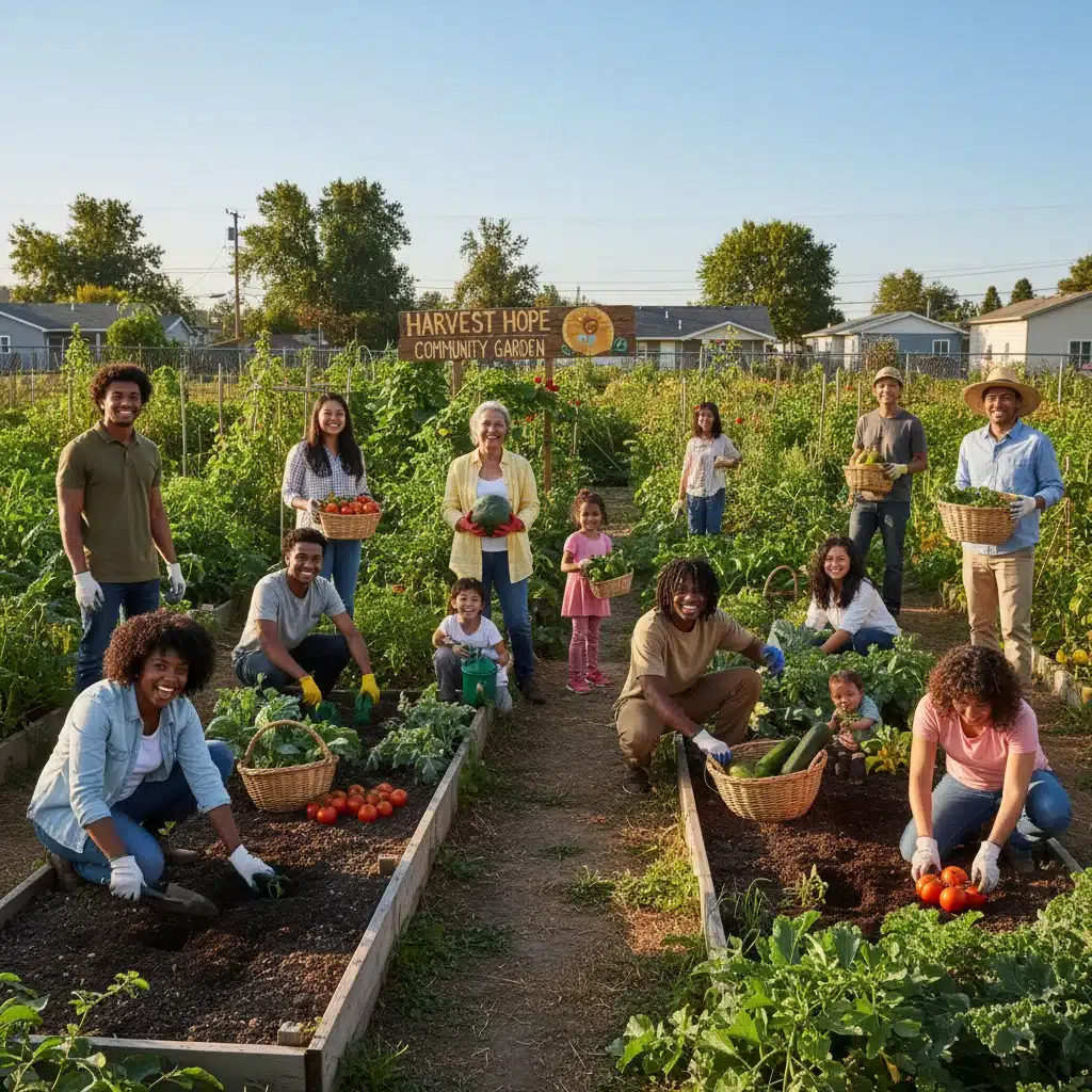 Diverse community members working together in a vibrant urban garden.