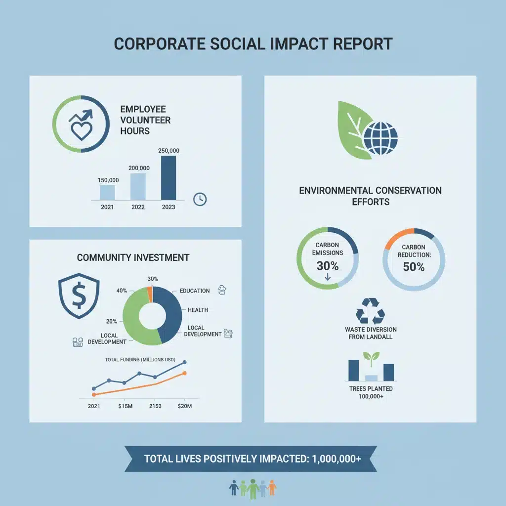 Infographic displaying social impact metrics from corporate responsibility programs, highlighting community and environmental benefits.