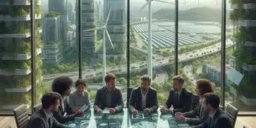 Diverse business team collaborating on a sustainable future, symbolizing corporate social responsibility trends in 2026.