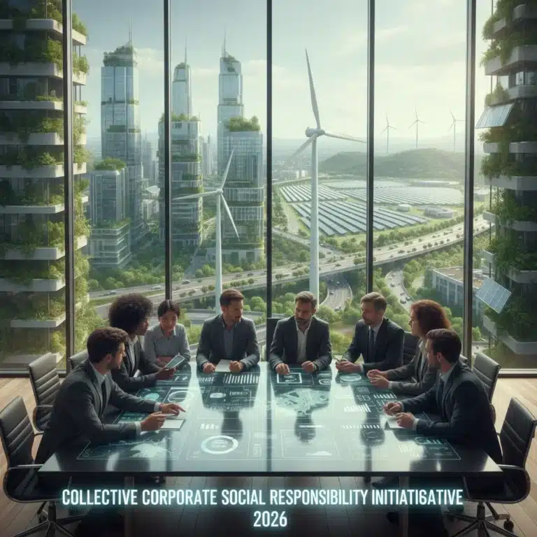 Diverse business team collaborating on a sustainable future, symbolizing corporate social responsibility trends in 2026.