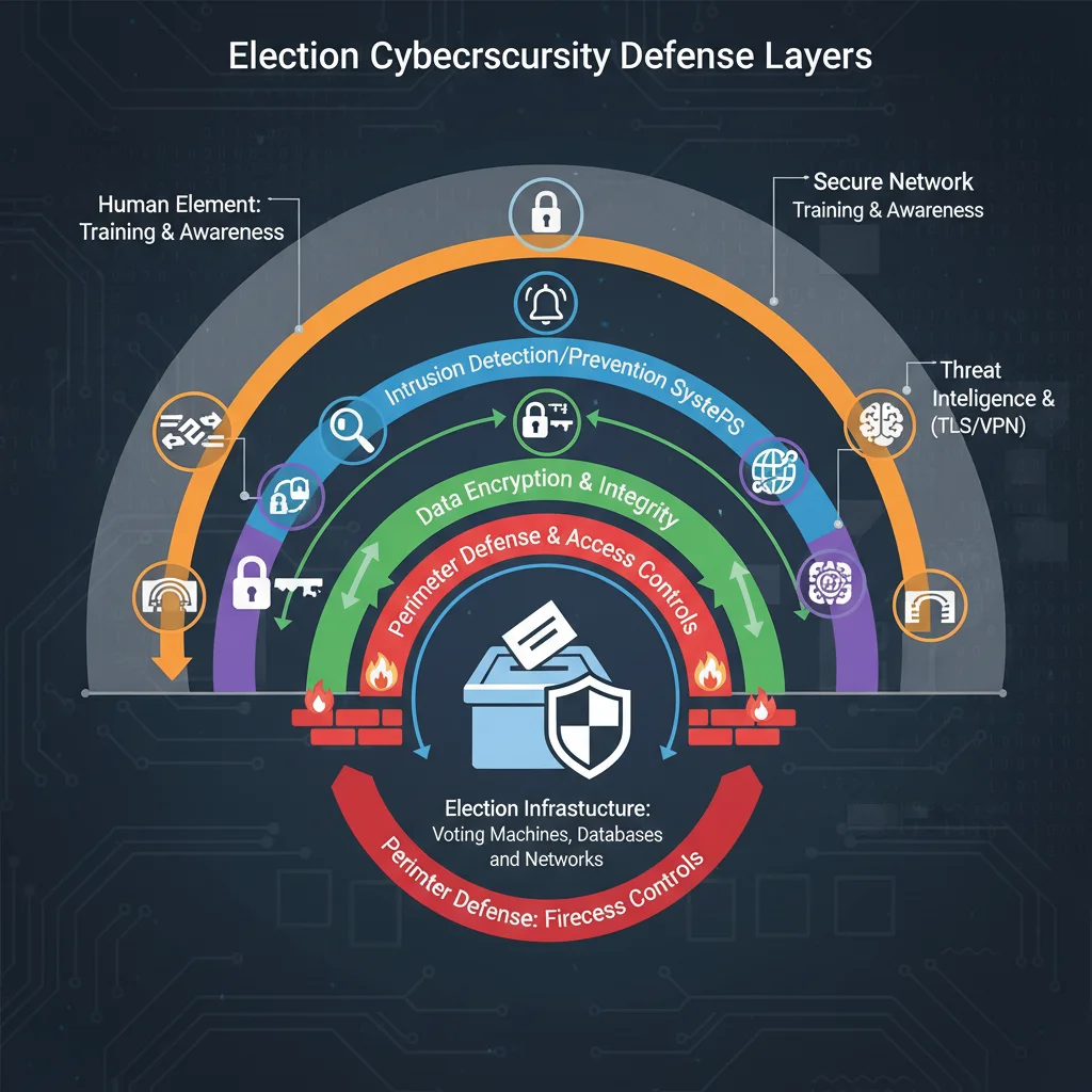 Cybersecurity layers protecting election infrastructure with firewalls and encryption