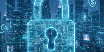 Digital padlock securing a futuristic cityscape, representing cybersecurity for US businesses.