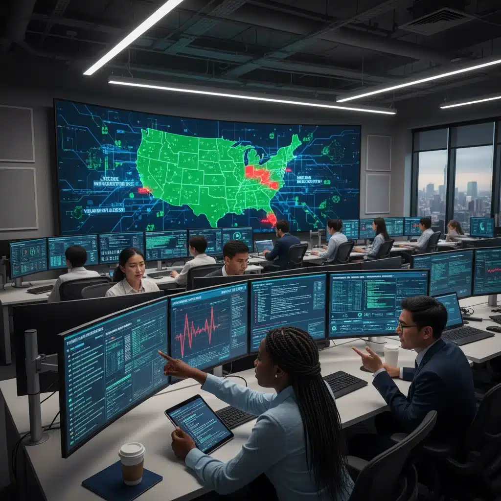 Cybersecurity team monitoring critical infrastructure in a security operations center.