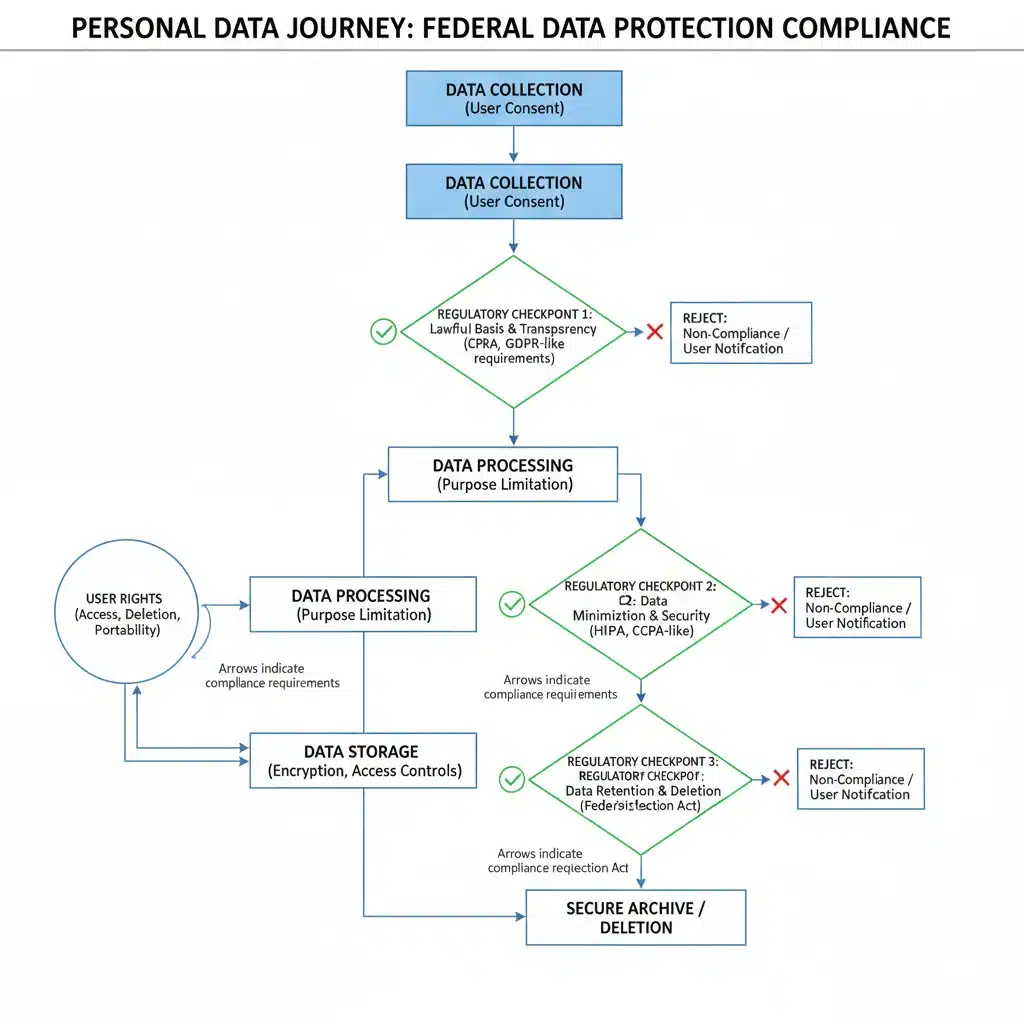 Data flow chart with regulatory checkpoints for federal data protection compliance.