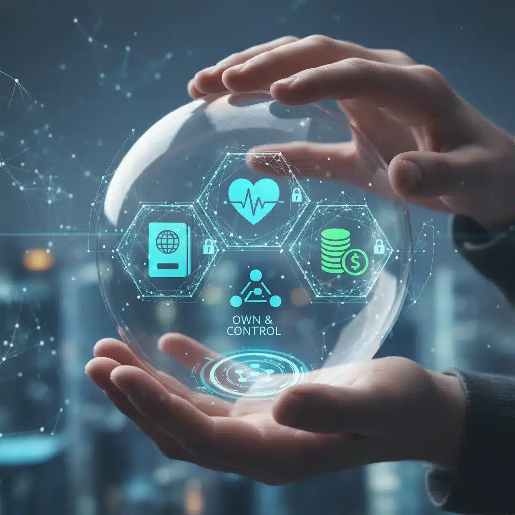 Individual holding and controlling their personal data in a secure, decentralized Web3 sphere.